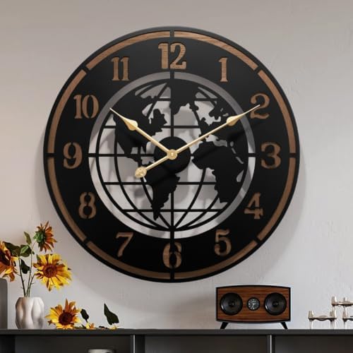Large World Map Wall Clock,24" Wooden Minimalist Modern Clock by KEQAMHOMEDECOR