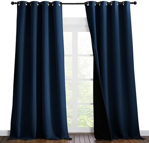 NICETOWN Total Shade Curtains and Draperies, Heavy-Duty Full Light Shading Drapes with Black Liner Backing for Villa/Hall/Dorm Window（Moroccan Blue, Package of 2 Panels, 52" Wide x 95" Long by NICETOWN