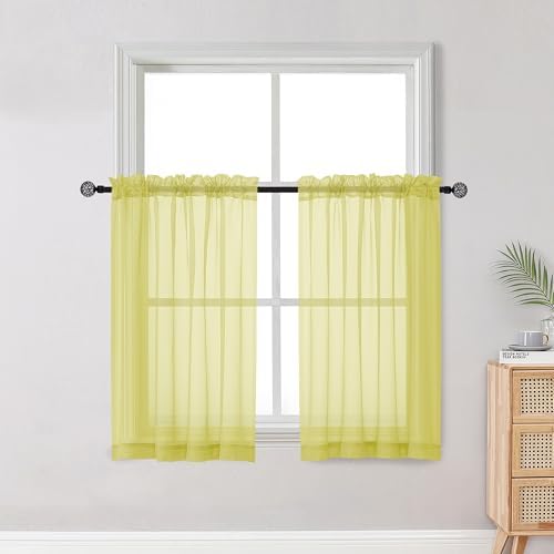 OWENIE Short Lemon Sheer Curtains 36 Inch Length 2 Panels Set, Kitchen Tiers Curtains Light Filter Rod Pocket Voile Cafe Curtain for Basement Bathroom Small Half Window, 42" W x 36" L, Lemon by OWENIE