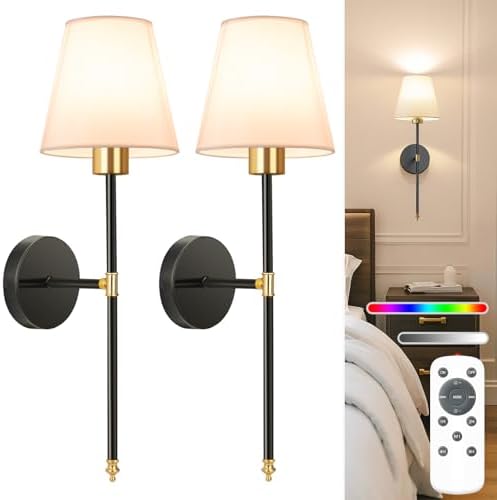 NIORSUN 19.9 inch Battery Operated Wall Sconce Set of 2,Gold-Black Rechargeable Wall Lights with 10400mAh Dimmable Detachable Bulbs and Remote, Wireless Sconces for Bedroom Living Room Hallway by NIORSUN