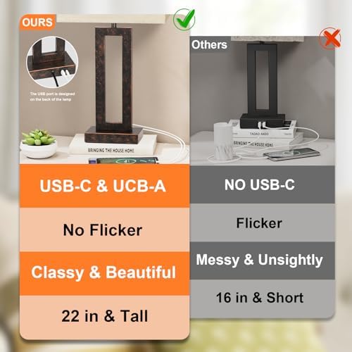 Seealle 22" Tall Living Room Lamps for Night Stands - Touch Bedside Lamp with USB C+A, 3 Way Dimmable Bedroom Lamps for End Tables Set of 2, Modern Night Stand Lamp for Bed Side(Beige&Brown) - Image 7