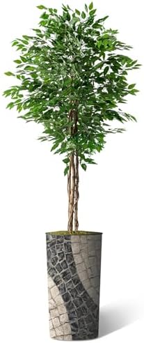 Artificial Tree in Geometric Pattern Planter, Fake Ficus Silk Tree for Indoor and Outdoor Home Decoration - 75" Overall Tall (Plant Pot Plus Tree) - Image 2