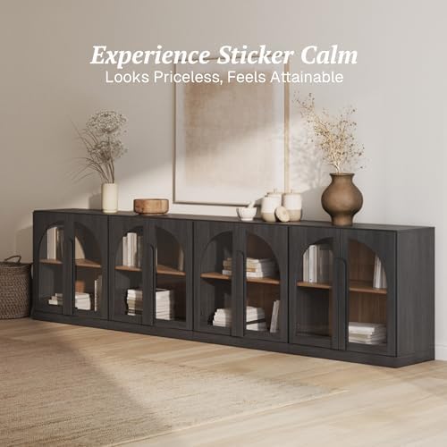 BELLEZE Bijou Set of 4 Wall-to-Wall Storage Cabinets (126" Wide) - Grand Sideboard Buffet System w/8 Arched Glass Doors - Massive Entertainment Center & Display Console for Living Room, Ebony - Image 4