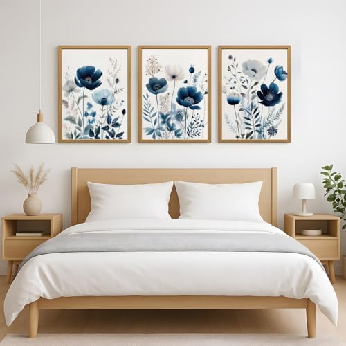 LLEEMPI Navy Blue Floral Wall Art Set of 3, 12x16 Wood Framed Canvas Prints - Image 5