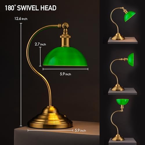 O'Bright Bankers - Cordless LED Table Lamp, Battery-Operated, Rechargeable, 3-Level Dimming, Universal USB-C Charging, 180° Swivel Head, Classic Green Glass Shade, Antique Brass - Image 4
