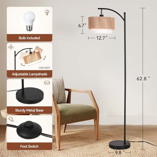 SUNMORY Arc Floor Lamps for Living Room, Rattan Standing lamp with 12W Bulb - Image 3