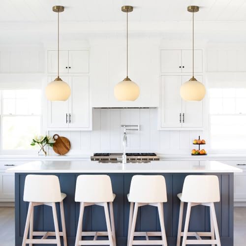 KCO Mid Century Modern Gold 7.9” Ribbed White Glass Pendant Light Set of 2 - Image 5