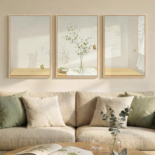 Framed Botanical Neutral 3 Piece Wall Art for Living Room, Minimalist Butterfly Sunshine Canvas Artwork for Walls, Peaceful Sill Life Illustration Print Bedroom Dining Room Office Wall Decor, 16x24 In by Cuspin