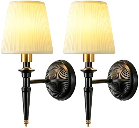 Battery Operated Wall Sconces Set of 2, Wireless Rechargeable Wall Lights with 12 RGB Colors and 3CCT Dimmable, Small Fabric LED Wall Lamps for Bedroom, Living Room, Hallway, Black Gold by NICOLONOROutdoorBarnLights