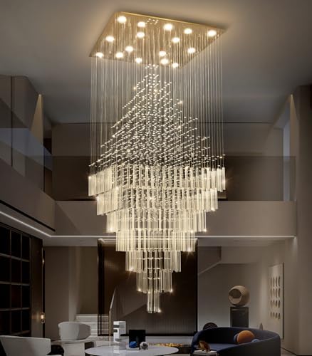 HAIXIANG W40 x H120 Glam Chandelier with LED Bulbs Square Chandeliers, Crystal Raindrop High Ceiling Pendant Light for Entrance Large Villa Foyer Lighting Fixtures Gold by HAIXIANG