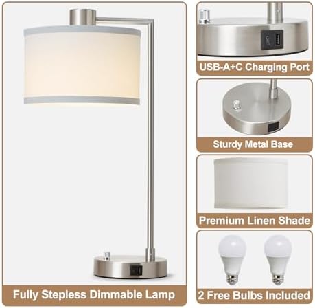 Silver Table Lamp Set of 2, Dimmable Bedside Lamps for Night Stand, USB A+C - Image 3