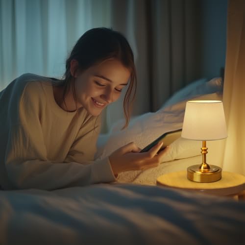 ONEWISH 2 Pack Small Cordless Lamps, Battery Operated Table lamp Dimmable, 4000mAh Rechargeable, Touch Bedside Lamp with White Fabric Shade, 2700K Bulb Included, for Dining, Patio, Bathroom(Gold) - Image 5
