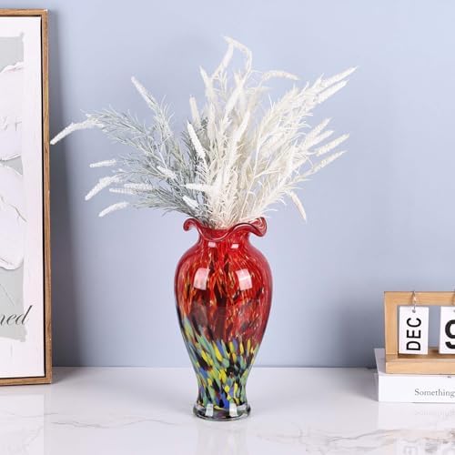 12.2H Murano Hand Blown Glass Vase, Ruffled Scalloped Rim Wide Mouth Colorful Decorative Flower Vase, Large Glass Centerpiece for Living Room, Bathroom, Office, Bookshelf, Entryway, Mantel Decor (Red) - Image 7