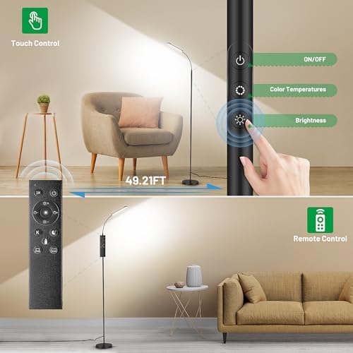 Yikuneng Dimmable LED Floor Lamp, Super Bright Reading Lamps Floor Standing lamp with Remote & Touch Control, Stepless Dimming & 2700K-6500K Color Temperature, for Living Room Bedroom Office, Black - Image 4