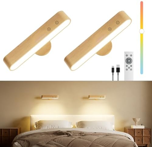 PopoIron Rechargeable LED Wall Sconces Set of Two,Wall Lights for Bedroom with Remote Control and Touch,360° Magnetic Rotation,3 Colors Dimmable Brightness Wood Wall Lamps with 15 RGB Colors,2 Pack by WelcometoPopoIron