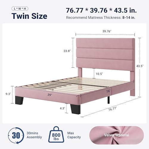 Allewie Twin Size Platform Bed Frame with Velvet Upholstered Headboard Pink - Image 2