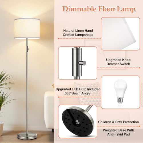 Floor Lamp Simple Design with White Shade, Small Tall Lamps for Living Room Bedroom Office Dining Room Kitchen, Sliver Pole Lamp-Sliver - Image 4