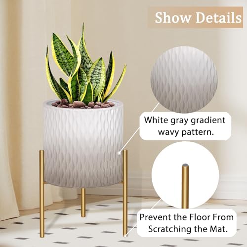 ARNIS Plants Pots with Stand, Set of 2 Indoor Planter Pots, Unique Mid Century Decorative Metal Flower Pots with Drainage,8.25 & 10.5 Inch, Grey and White - Image 3
