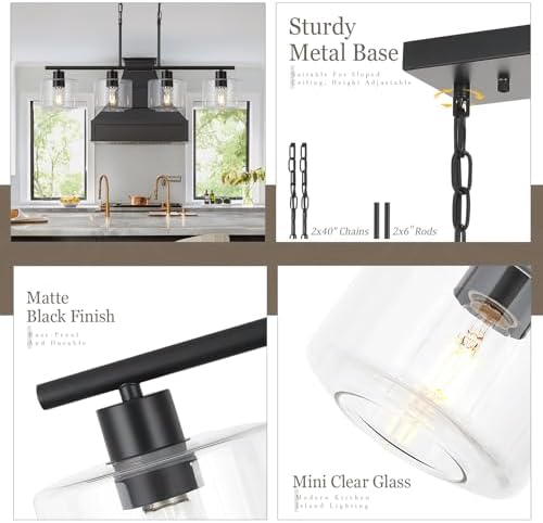 4-Light Kitchen Island Lighting, Modern Black Linear Dining Room Chandelier Light Fixtures with Clear Glass and Chain, Farmhouse Hanging Lights for Kitchen Island Dining Room, OS-YQ8153-4ISBKC - Image 2