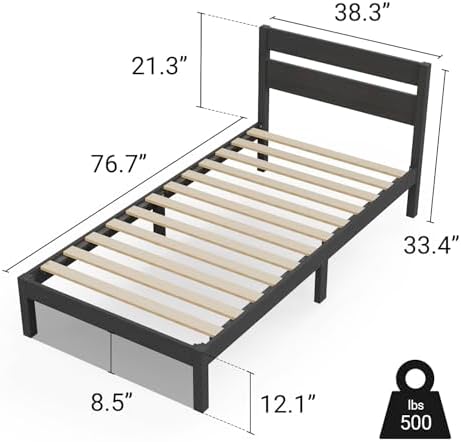 LIFEMENT Twin Bed Frame with Headboard Classic Wood Platform, Noise Free, Under Bed Storage, No Box Spring Needed, Easy Assembly, Black - Image 2