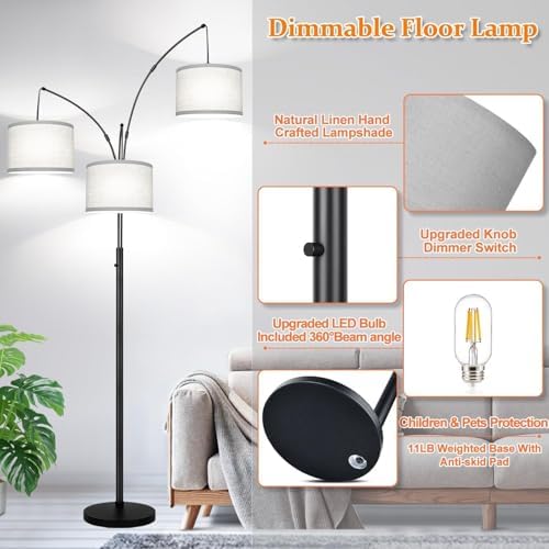 Dimmable Floor Lamp, 3 Lights Black Arc Floor Lamp, Modern Tall Standing Tree Lamp with Grey Linen Shades & Heavy Base, 3000LM LED Bulbs, Bright Lighting for Living Room, Bedroom, Office & Reading - Image 4