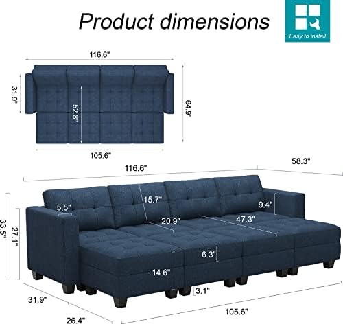 Belffin Storage Modular Sleeper Sofa Sectional Couch with Wide Chaises Convertible Sectional Sofa Bed Modular Sleeper Couch Bed Blue - Image 2