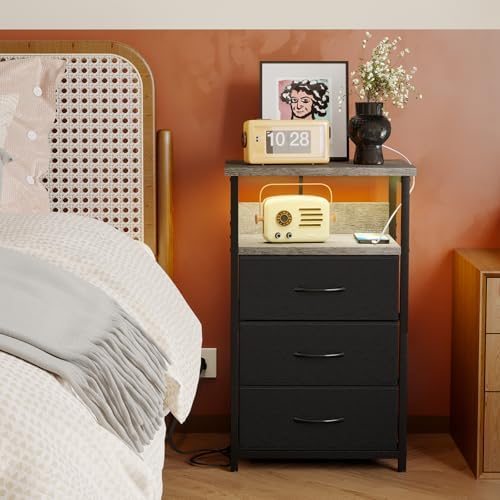 Fixwal Night Stand with 3 Fabric Drawers, Nightstand with Charging Station - Image 7