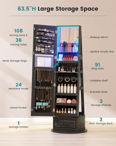Vlsrka Mirror Jewelry Cabinet Standing with Lights, Lockable, Swivel, Black - Image 3