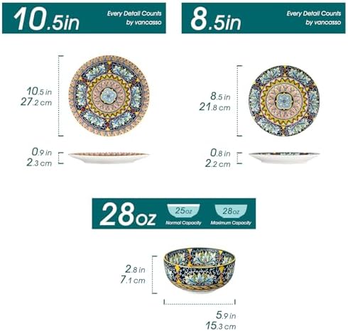 vancasso 12 Pieces Dinnerware Sets, Yellow Plates and Bowls Set, Porcelain Dishes Set for 4, Microwave and Dishwasher Safe, Scratch Resistant, Bohemian Style Dining Ware Service for 4, Series SIMI - Image 2