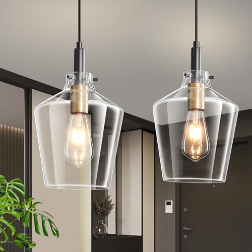 Glass Pendant Lighting for Kitchen Island 2 Pack Black Gold Clear 8 Inch by Vaziden