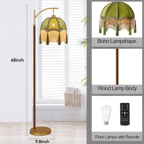 AHDWDW Gold Vintage Floor Lamp for Living Room Bedroom,Arc Victorian Floor Lamps with Remote,Wood Standing Tall Lamp with Green Tassels Velvet Lampshade,Fringe Dimmable Modern Floor Lamp for Corner - Image 5