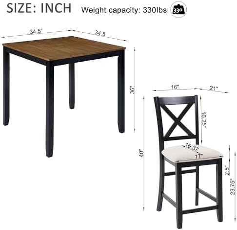 Harper & Bright Designs Counter Height Dining Table Set 5-Piece for 4, Farmhouse Kitchen Table 34.5" Square with 4 X-Back Chairs, Black & Oak for Small Space - Image 2