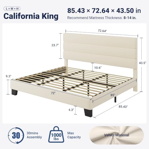 Allewie Cal King Size Platform Bed Frame with Velvet Upholstered Headboard - Image 2