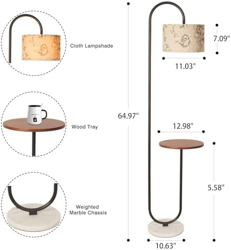 Hsyile Arc Floor Lamp with Hanging Drum Shade for Living Room-Marble Base Modern Tall Stand Up Light with Table, Contemporary Over The Couch Black Lamp Standing Lamps - Image 6