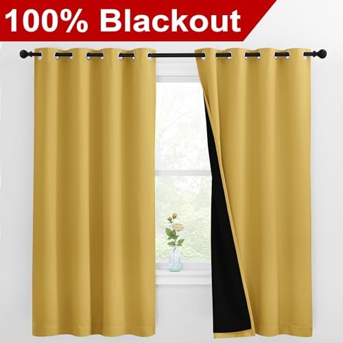 NICETOWN 100% Blackout Curtains with Black Liners, Thermal Insulated Full Blackout 2-Layer Lined Drapes, Energy Efficiency Window Draperies for Bedroom (Bright Yellow, 2 Panels, 55" W by 68" L) - Image 2