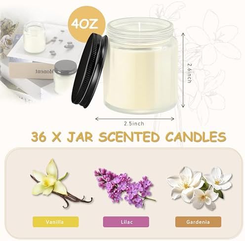 ACITHGL 36 Pcs 4oz Mini Mason Jar Candles Small Scented Candles Bulk Aromatherapy Ideal Souvenir Favors for Wedding Birthday Party (Vanilla, Lilac, Gardenia, Black) - Image 2