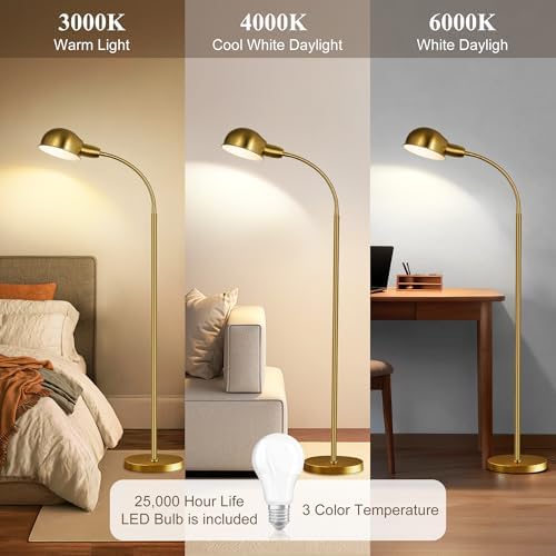 Floor Lamp for Living Room, 63" Standing Lamp with Adjustable Gooseneck, 3 Color Temperatures, Industrial Gold Floor Lamp Reading for Bedroom, Office, 9W LED Bulb - Image 3