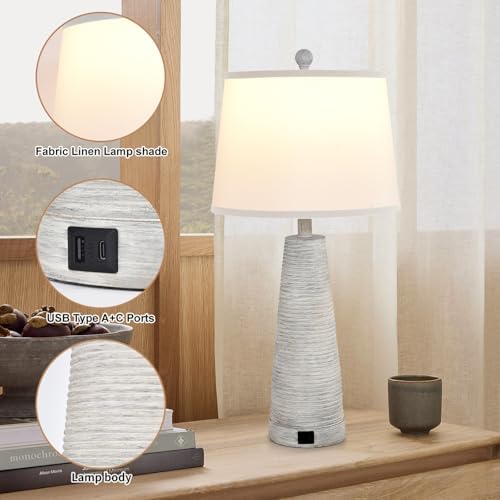 Terpsichore Nightstand Lamp Bedside Lamps Set of 2 Vintage Rustic Farmhouse Table Lamp 3 Way Dimmable Horizontal Stripe Light,for Living Room Bedroom,USB A+C (White, High 27 Inch) - Image 3
