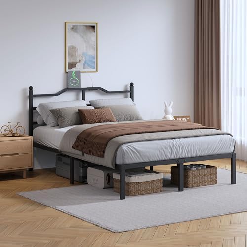SHOANED Metal Bed Frame with Charging Station - 14 Inch King Size Heavy Duty Bedframe with Headboard Black Basic Steel Slats Platform No Box Spring Needed/Noise Free by SHOANED