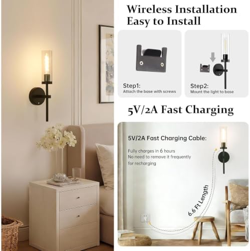 Shenmoyl Battery Operated Wall Sconces Set of 2, Black Rechargeable Wall Lighting Fixtures, Dimmable Wall Lights with Remote & Clear Glass Shade for Living Room, Bathroom,Bedroom - Image 6