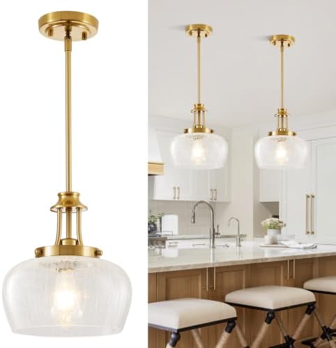 Modern Pendant Lights Kitchen Island, Brushed Gold Pendant Light Fixtures with 10" Clear Crack Glass Shade, Industrial Hanging Pendant Lights Fixture for Kitchen Island Dining Room Entryway by BringBrightnesstoYourLife