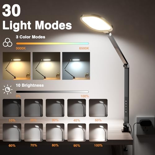 LitONES 2 Packs Led Desk Lamps for Home Office, 1200LM Dimmable Clamp-on Desktop Light, Adjustable Swing Arm Ring Light with Stand, Memory & Timer Function, Eye-Caring Design - Image 2