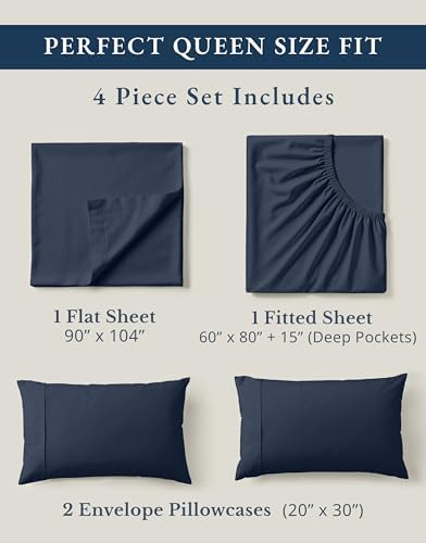 LANE LINEN Eco Friendly 100% Organic Cotton Bed Sheets Queen Size, Soft & Comfy Percale Weave, Fully Elasticized Mercerized Naturally Cooling Cotton Sheets Queen Size Set- Navy - Image 4