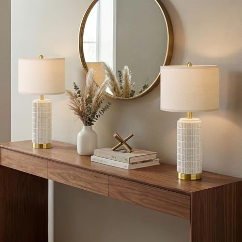 PoKat 25'' Modern Table Lamps Set of 2 for Living Room with Gold Base, White Farmhouse Bedside Lamps for Bedroom, Nightstand Lamps for Office End Table Hallway Home Decor Gift, Beige and White - Image 2