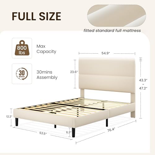 GRUSIGN Platform Bed Frame with Velvet Headboard, Adjustable Height Wooden Slats Support, Upholstered Mattress Foundation, Fits Mattress or Mattress with Box Spring, Easy Assembly, Beige, Full - Image 2