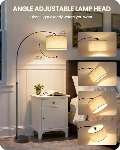 75" Tall Dimmable Arc Floor Lamp with Marble Base, Adjustable Height, Beige - Image 6