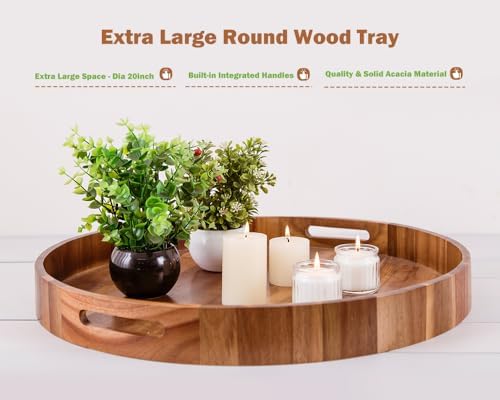 Extra Large Round Serving Tray, 20INCH, Heavy Duty Acacia Wood Trays for Big Ottoman Coffee Table Counter Giant Decorative Organizer Tray, Huge Kitchen Serveware Cheese Board Charcuterie Tray - Image 2
