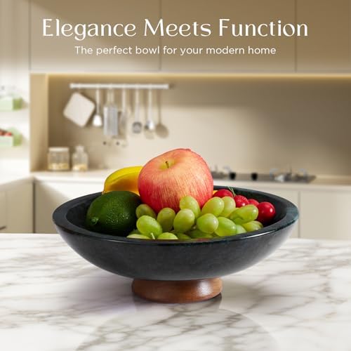 SAMAH Green Marble Fruit Bowl with Acacia Wood Pedestal, Large Decorative Marble Bowl, Natural Stone Fruit Bowl for Kitchen Counter, Entryway, Keys, Dining Table, House Warming Gifts New Home(11Inch) - Image 2