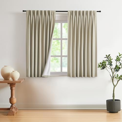 Vision Home Sand Pinch Pleated Full Blackout Curtains Linen Blended Room Darkening Window Curtains 63 inch for Living Room Bedroom Thermal Insulated Pinch Pleat Drapes with Hooks 2 Panel 40" Wx63 L by VisionHome