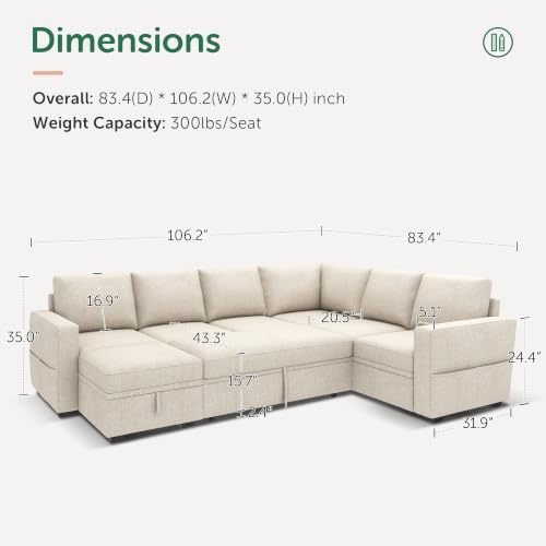 HONBAY Modular Sectional Sleeper Sofa with Pull Out Bed, U Shaped Sectional Couch with Storage Ottoman, Sleeper Sectional Couches for Living Room, Beige - Image 2